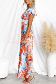 Say I Do Satin Floral Print Cap Sleeves Maxi Dress