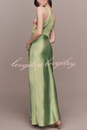 Wedding  Guest Satin Floral Print One Shoulder Side Slit Maxi Dress