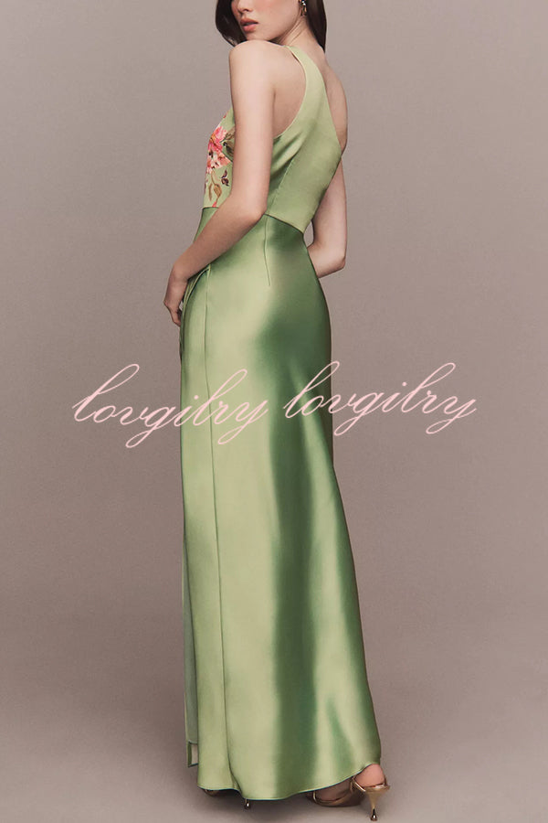 Wedding  Guest Satin Floral Print One Shoulder Side Slit Maxi Dress