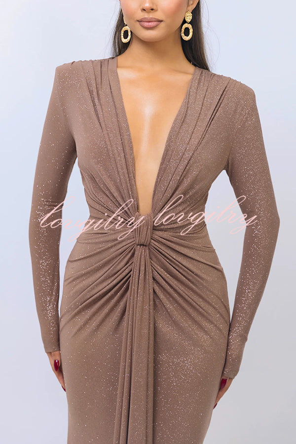 Solid Color Shiny Sexy V-neck Long Sleeve Ribbon Slit Slim Fit Maxi Dress