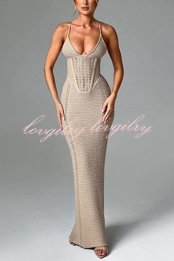 Warm Weather Favorite Knit Crochet Back Lace-up Stretch Maxi Dress