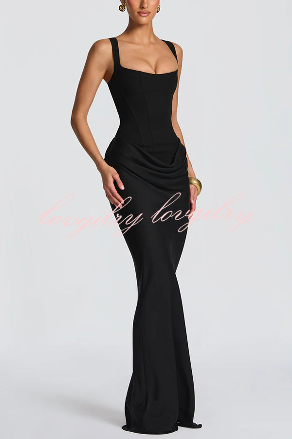 Larrah Square Neck Back Lace-up Satin Drape Hem Maxi Dress