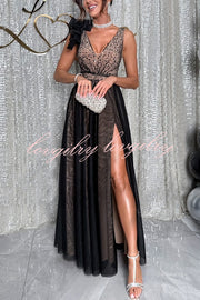 Everlasting Party Sequin Tulle Ruffles Shoulder Design Slit Maxi Dress