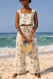 Maeve Linen Blend Unique Print Square Neck Tank and Elastic Waist Pocket Loose Pants Set