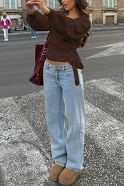 Solid Color Crossover V-neck Tie Elegant Long-sleeved Knit Top