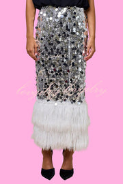 Playful Sparkling Large Sequin Faux Fur Tassel Hem Elastic Waist Maxi Skirt