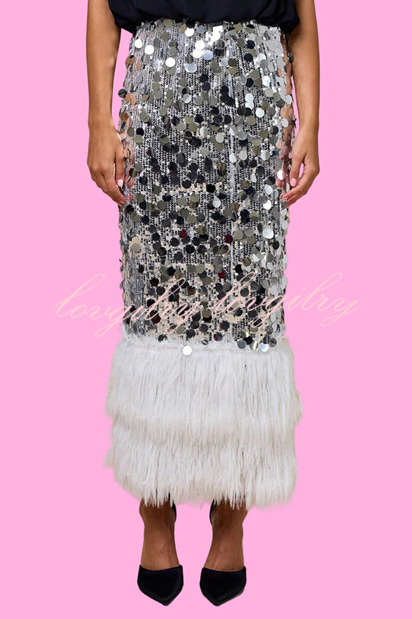 Playful Sparkling Large Sequin Faux Fur Tassel Hem Elastic Waist Maxi Skirt