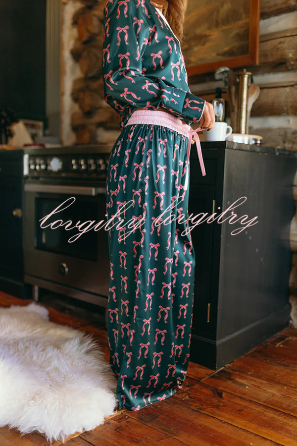 Satin Bow Print Long sleeve Loose Shirt and Elastic Waist Tie Loose Pants Set