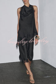 Dolly Satin Lace Trim Halter Cowl Neck Asymmetric Hem Tank
