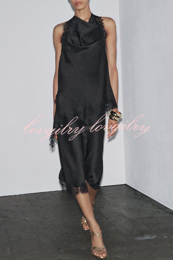Dolly Satin Lace Trim Halter Cowl Neck Asymmetric Hem Tank