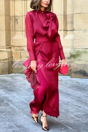 Lily Chiffon Bow Detail Puff Sleeve Blouse and Elegant Layered Maxi Skirt Set