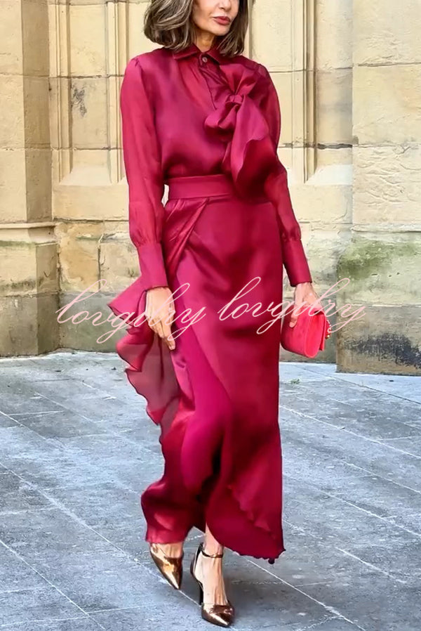 Lily Chiffon Bow Detail Puff Sleeve Blouse and Elegant Layered Maxi Skirt Set