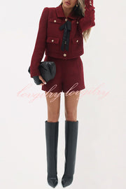 Sweet Dreams Tweed Bow Neck Button Long Sleeve Pocket Crop Jacket