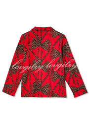 Stylish Colorblock Leopard Print Loose Shirt and Elastic Waist Pocketed Pajama Set