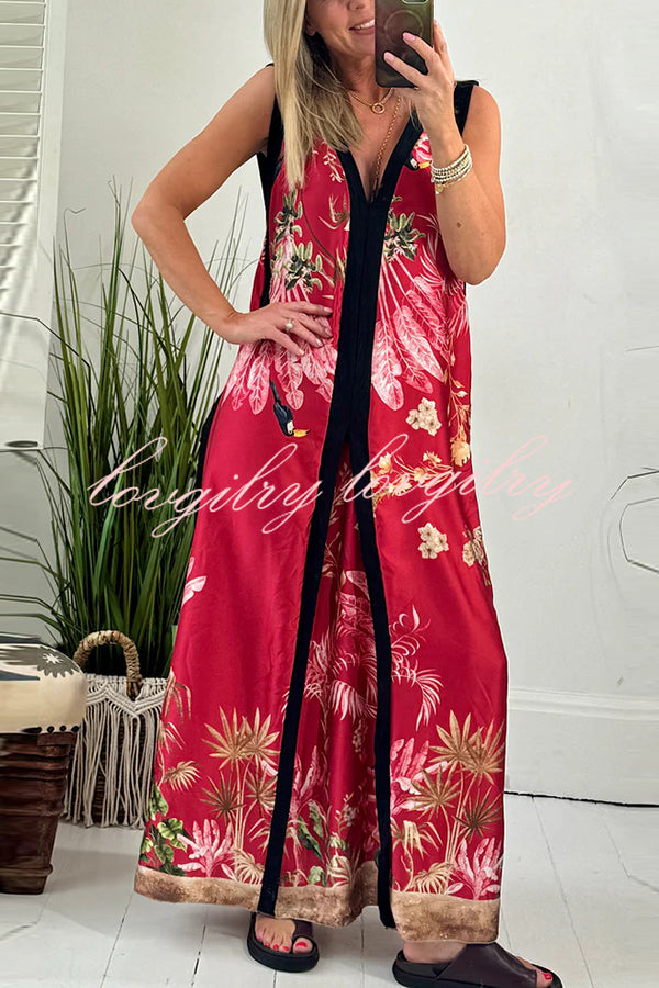 Vanna Unique Tropical Print Black Patchwork Detail A-line Maxi Dress