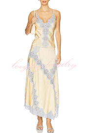 Wine Tasting Contrast Color Satin Lace Trim Irregular Hem Drape Midi Skirt