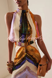 Unique Print Sleeveless Stretch Stand Collar Top and Elegant Maxi Skirt Set