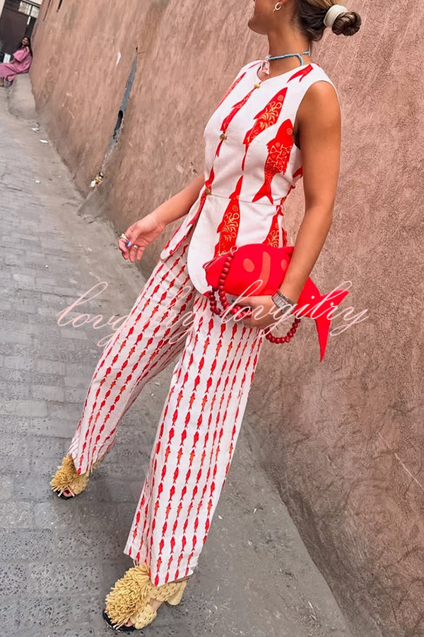Good Luck Linen Blend Koi Pattern High Rise Elastic Waist Loose Pants