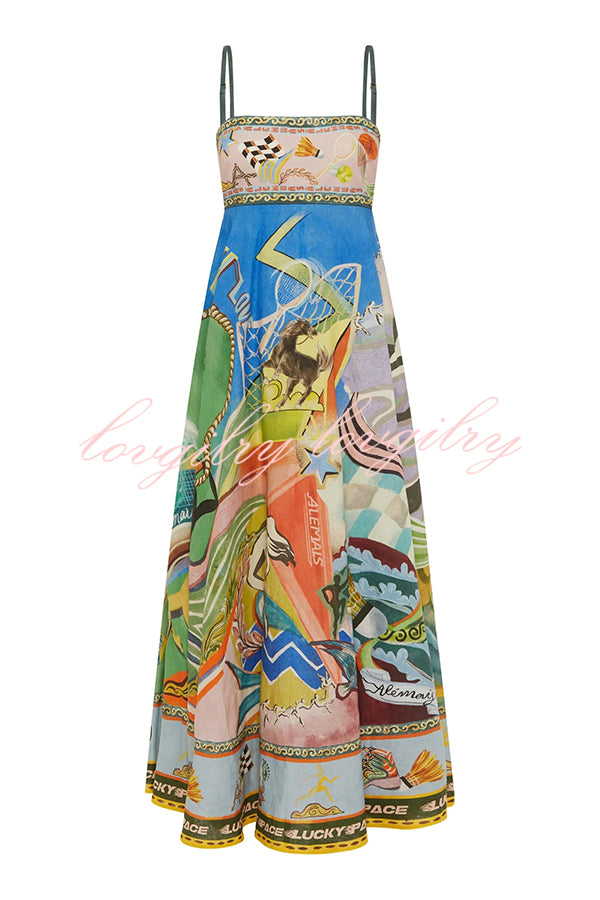 Linen Blend Unique Print Suspenders Back Pleated Pocket Resort Style Maxi Dress