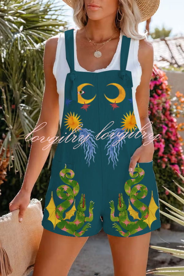 Heat Wave Linen Blend Unique Print Adjustable Strap Pocketed Romper