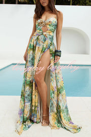 Resort Style Printed Starfish Brooch Cutout Ruched Slit Maxi Dress