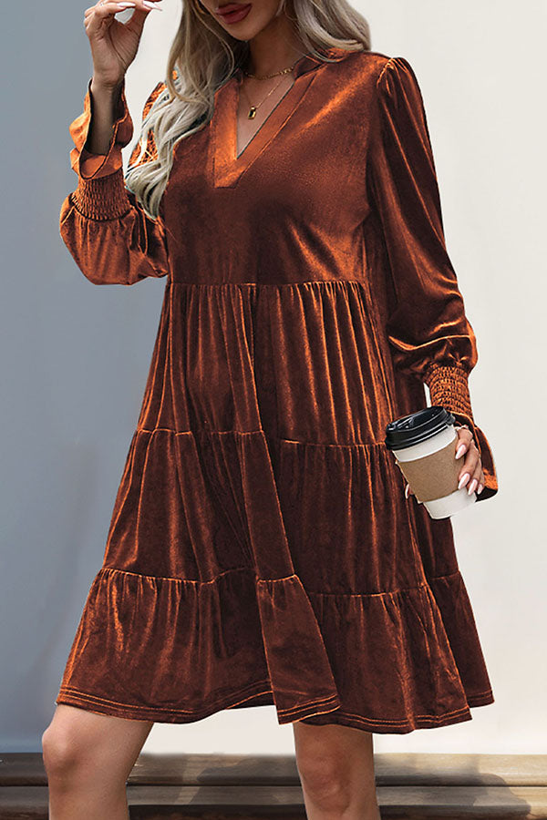 Solid Color Velvet V-Neck Long Sleeve Elegant Loose Mini Dress