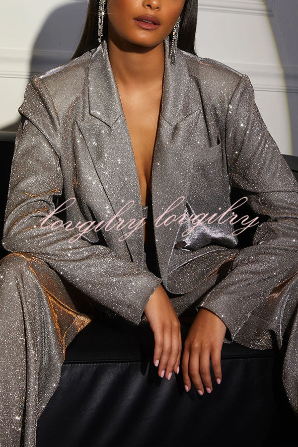 Jordyn Metallic Lapel Buttoned Long Sleeve Blazer