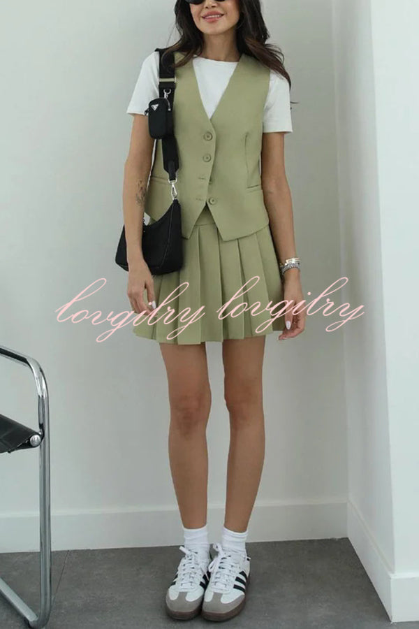 Solid Color Sleeveless Buttoned Vest and High-waisted Pleated Mini Skirt Set