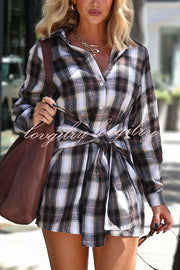 Ashroot Plaid Button Up Wrap Tie Long Sleeve Shirt Mini Dress