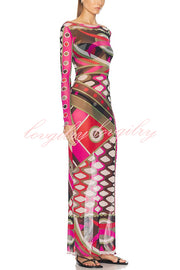 Gypsy Girl Mesh Unique Print Wide Neck Long Sleeve Stretch Maxi Dress