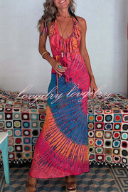 Tarik Tie-dye Print Ruffle Neck Halter Lace-up Backless Stretch Maxi Dress