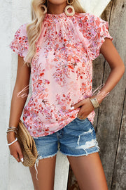 Floral Print Paneled Pleated Crew Neck Pullover Short Sleeved Top