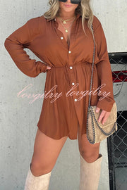 Solid Color Long Sleeve Button Casual Shirt-Style Rompers