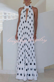 Really Special Pleated Polka Dot Print High Halter Neck A-line Maxi Dress