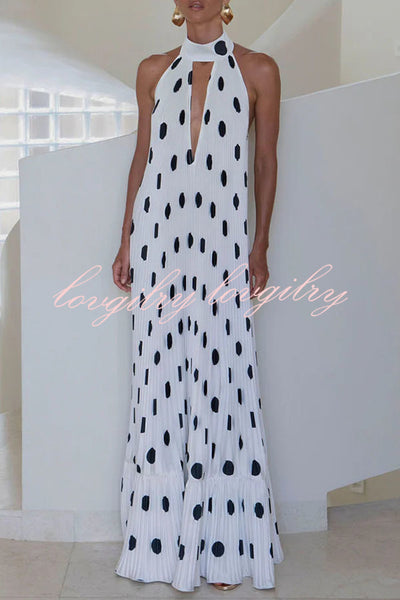 Really Special Pleated Polka Dot Print High Halter Neck A-line Maxi Dress