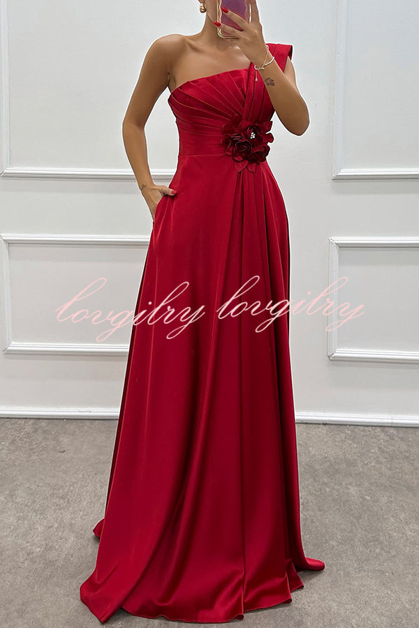 Nasha Satin Pleated One Shoulder Petal Gemstone Detail Pocket Slit Maxi Dress