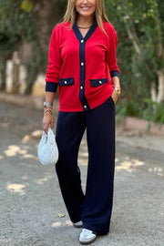 Stylish Color-blocked V-neck Knitted Button-down Cardigan and Elastic Waist Casual Wide-leg Pants Set