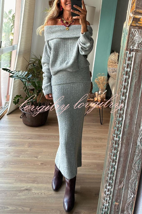 Luka Ribbed Knit Off Shoulder Long Sleeve Sweater and Stretch Maxi Skirt Set