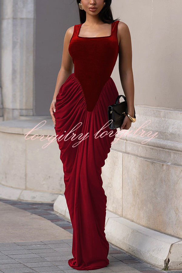 Fashionable Velvet Patchwork Square Neck Sleeveless Draped Maxi Dress