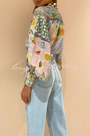 Fun and Nostalgic Unique Print Balloon Sleeve Button Loose Shirt