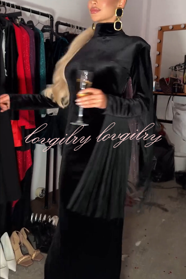 Eve Velvet Open Back Tassel Trim Long Sleeve Slit Maxi Dress