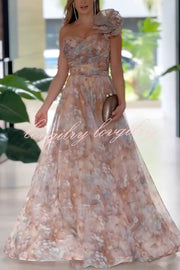 Romantic Ball Chiffon Floral One-shoulder Pleated Design Back Lace-up Gown Maxi Dress