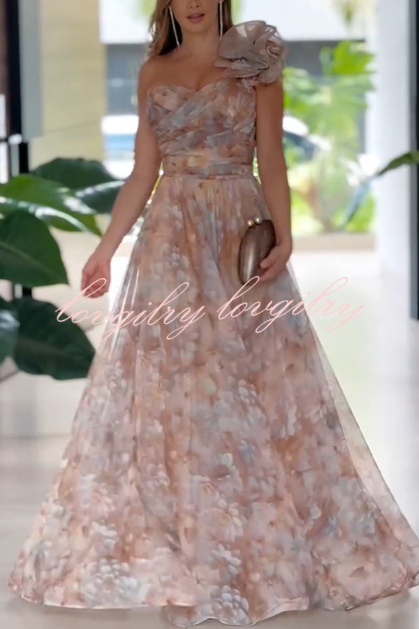 Romantic Ball Chiffon Floral One-shoulder Pleated Design Back Lace-up Gown Maxi Dress