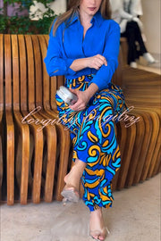 Ocean Heart Linen Blend Printed Ruched Hem Blouse and Belted High Rise Pocket Loose Pants Set