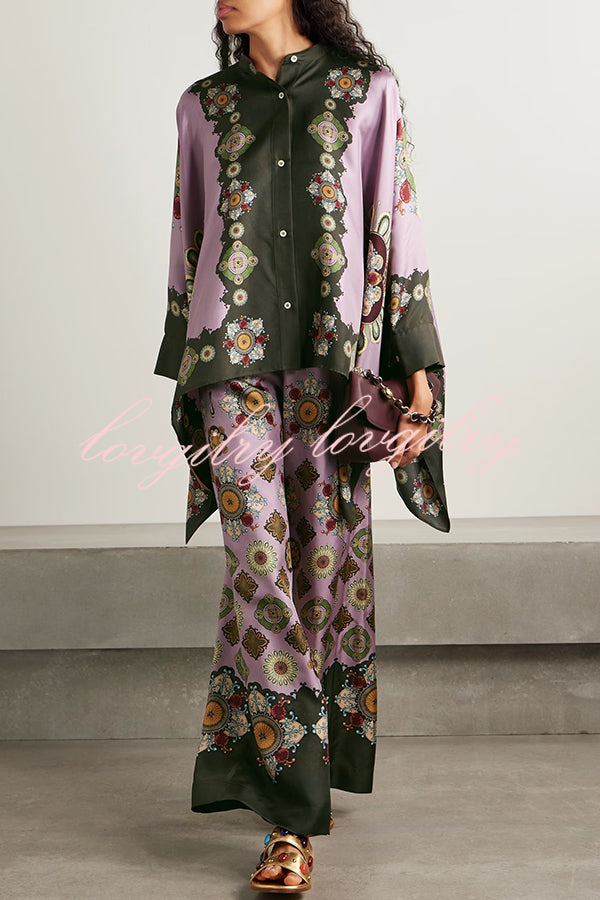 Satin Unique Print Loose Batwing Sleeve Top and Elastic Waist Pocket Casual Wide-leg Pants Set