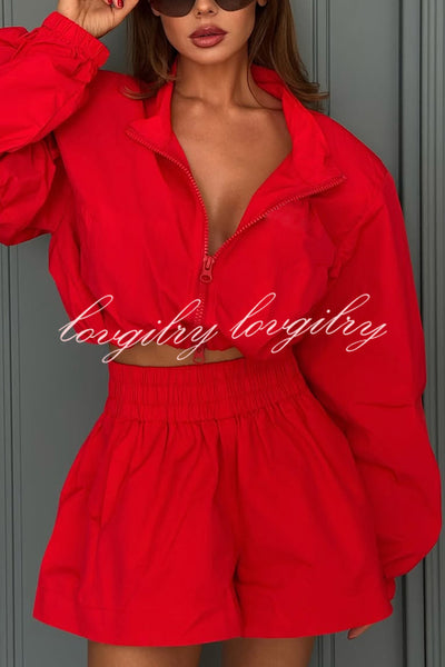 Solid Color Lapel Long-sleeved Loose Zipper Jacket and Elastic Waist Casual Shorts Set