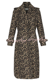 Leopard Affair Animal Print Epaulettes Long Sleeve Pocketed Lapel Midi Trench Coat