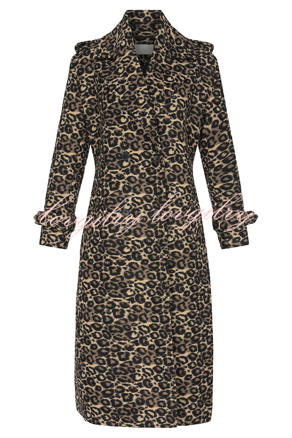 Leopard Affair Animal Print Epaulettes Long Sleeve Pocketed Lapel Midi Trench Coat