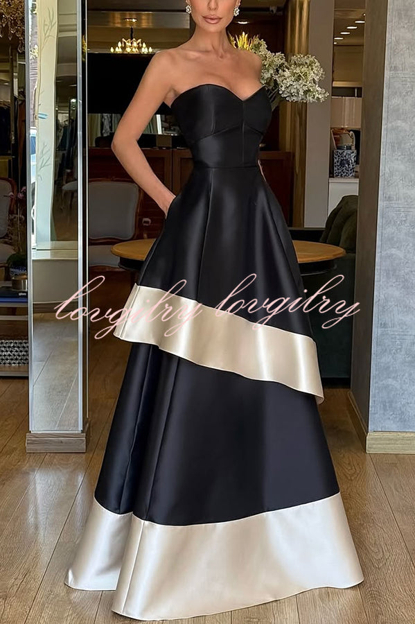 Vivian Satin Contrast Color Sweetheart Bandeau Neck Pocket Layered Maxi Dress