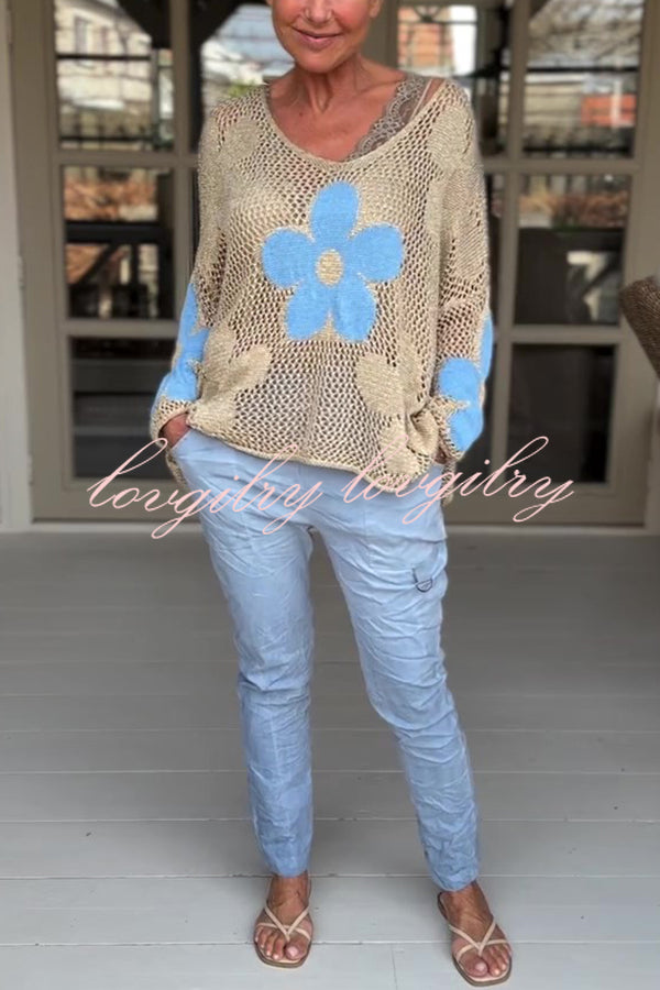 Embroidered Flower Hollow Holiday Knit Top